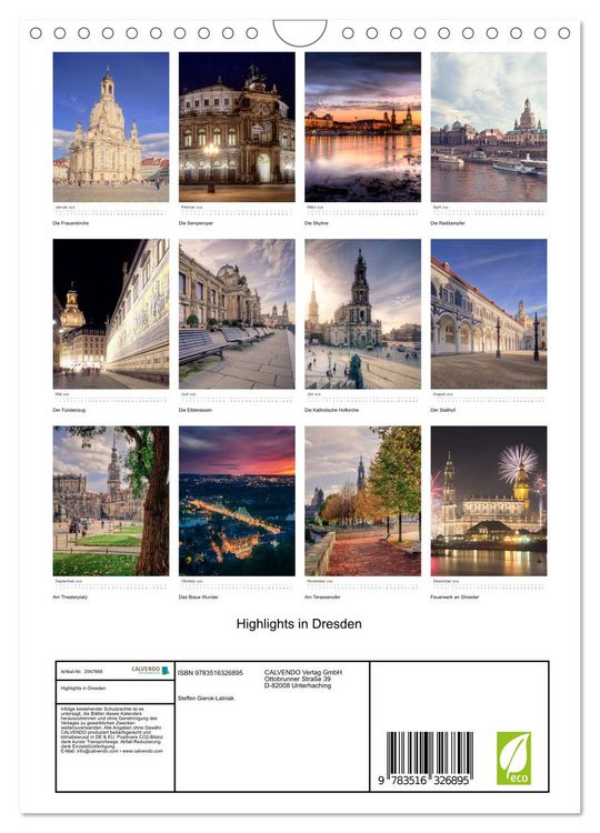 Produktbild: Highlights in Dresden (Wandkalender 2026 DIN A4 hoch), CALVENDO Monatskalender