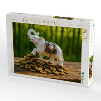Produktbild: CALVENDO Puzzle Elefant mit M&uuml;nzen - Weisheit, St&auml;rke und Gl&uuml;ck im Haus | 2000 Teile Lege-Gr&ouml;&szlig;e 90x67cm Foto-Puzzle f&uuml;r gl&uuml;ckliche Stunden