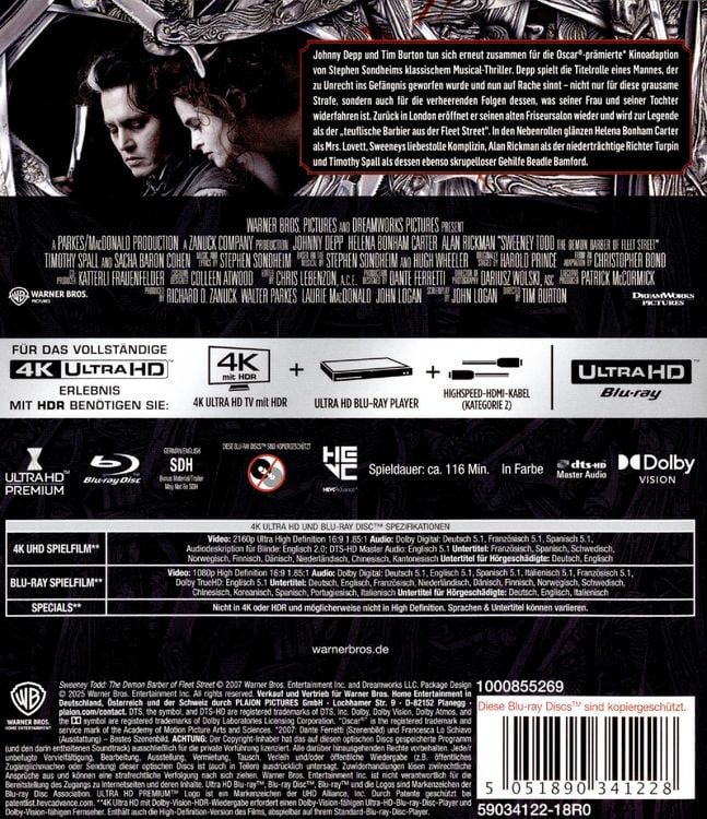 Produktbild: Sweeney Todd: Der teuflische Barbier aus der Fleet Street (4K-UHD+Blu-ray)