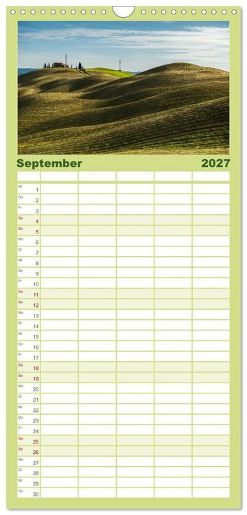 Produktbild: Familienplaner 2027 - Gr&uuml;ne Farbt&ouml;ne Toskana mit 5 Spalten (Wandkalender, 21 x 45 cm) CALVENDO