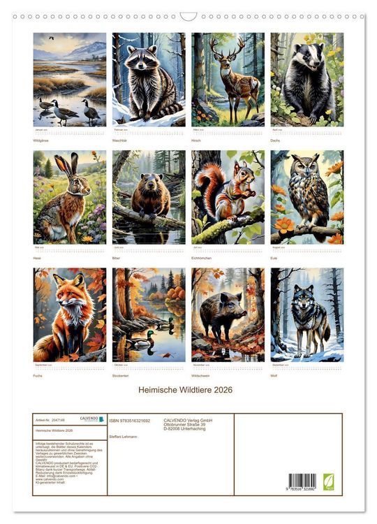Produktbild: Heimische Wildtiere 2026 (Wandkalender 2026 DIN A2 hoch), CALVENDO Monatskalender