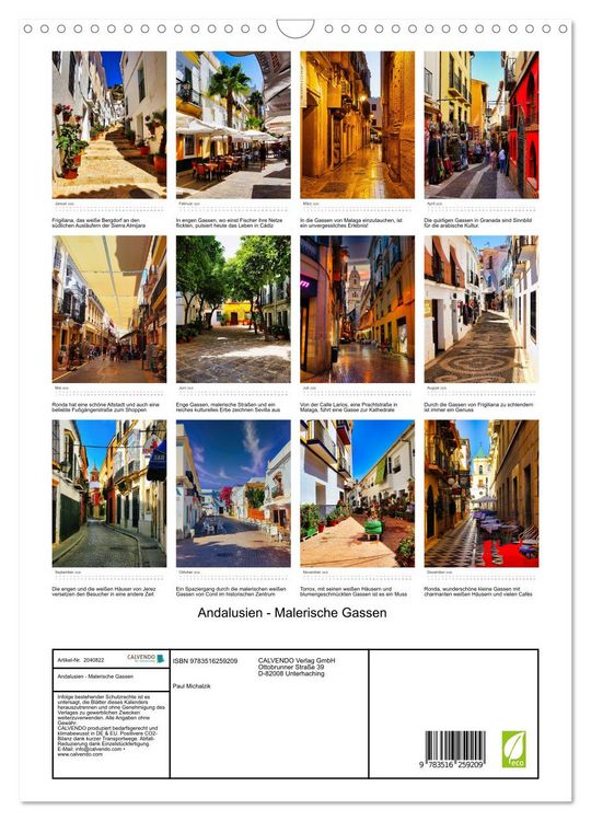 Produktbild: Andalusien - Malerische Gassen (Wandkalender 2026 DIN A3 hoch), CALVENDO Monatskalender