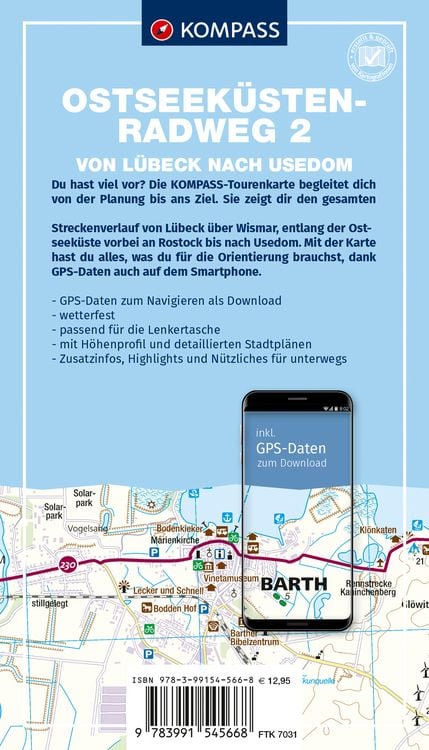 Produktbild: KOMPASS Fahrrad-Tourenkarte Ostseek&uuml;stenradweg 2 - von L&uuml;beck nach Usedom 1:50.000