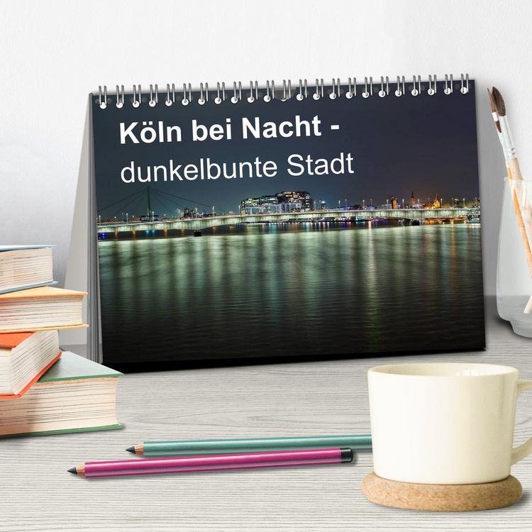 Produktbild: K&ouml;ln bei Nacht - dunkelbunte Stadt (Tischkalender 2026 DIN A5 quer), CALVENDO Monatskalender