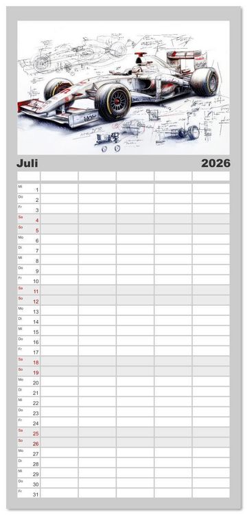 Produktbild: Familienplaner 2026 - Rennwagen - Design Studien mit 5 Spalten (Wandkalender, 21 x 45 cm) CALVENDO