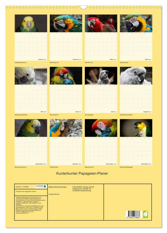 Produktbild: Kunterbunter Papageien-Planer (Wandkalender 2026 DIN A2 hoch), CALVENDO Monatskalender