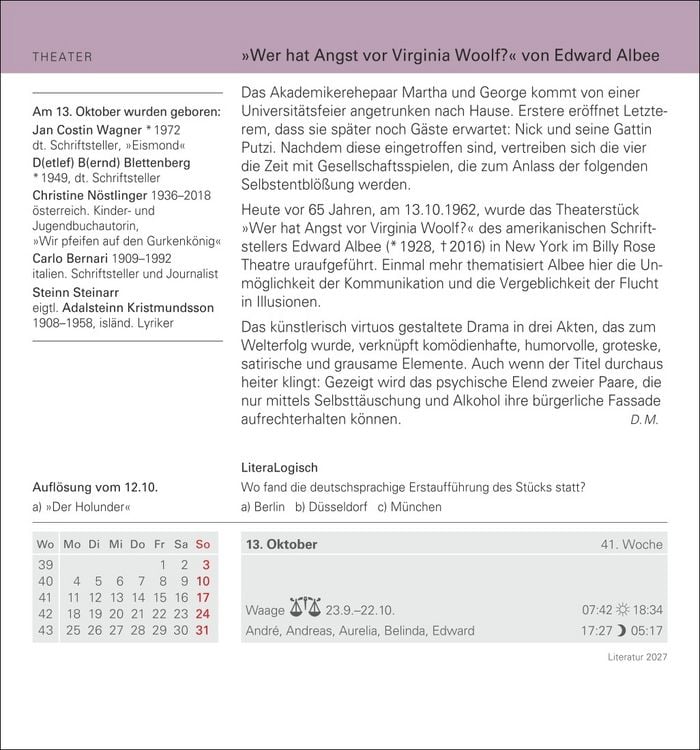 Produktbild: Literatur Tagesabrei&szlig;kalender 2027 - Kulturkalender - Autoren, Werke, H&ouml;rb&uuml;cher