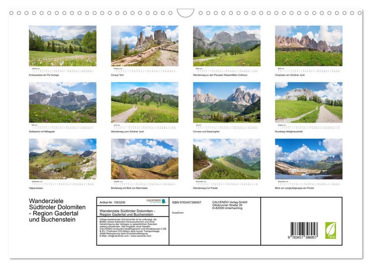 Produktbild: Wanderziele S&uuml;dtiroler Dolomiten - Region Gadertal und Buchenstein (Wandkalender 2026 DIN A3 quer), CALVENDO Monatskalender
