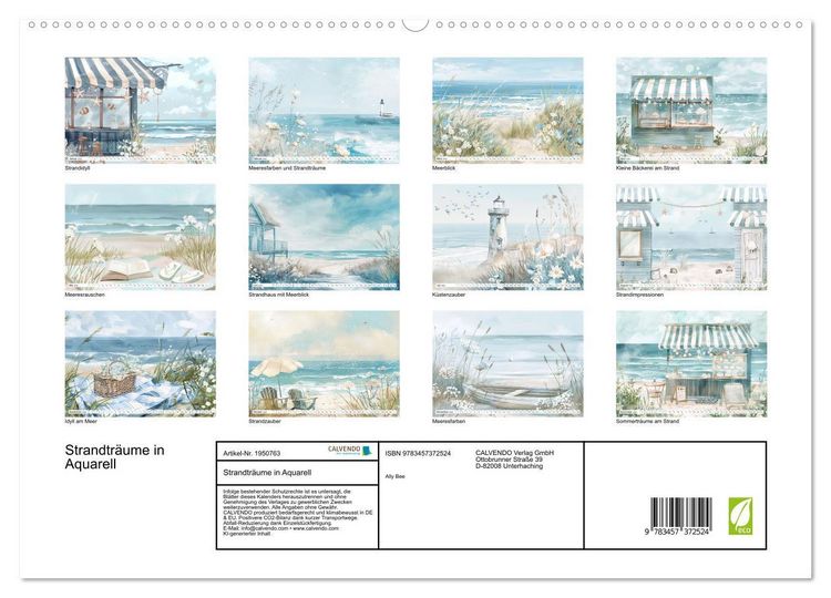 Produktbild: Strandtr&auml;ume in Aquarell (hochwertiger Premium Wandkalender 2026 DIN A2 quer), Kunstdruck in Hochglanz