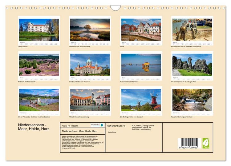Produktbild: Niedersachsen - Meer, Heide, Harz (Wandkalender 2026 DIN A3 quer), CALVENDO Monatskalender