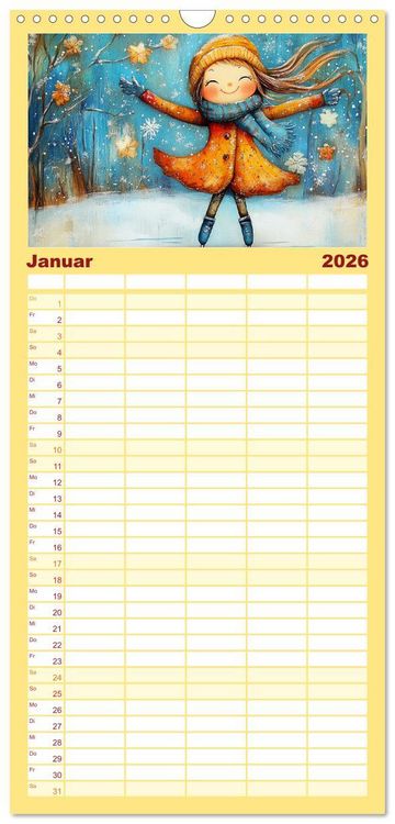 Produktbild: Familienplaner 2026 - Fr&ouml;hliche Kinder. Bezaubernde Schulm&auml;dchen im &Ouml;lbilder-Stil mit 5 Spalten (Wandkalender, 21 x 45 cm) CALVENDO