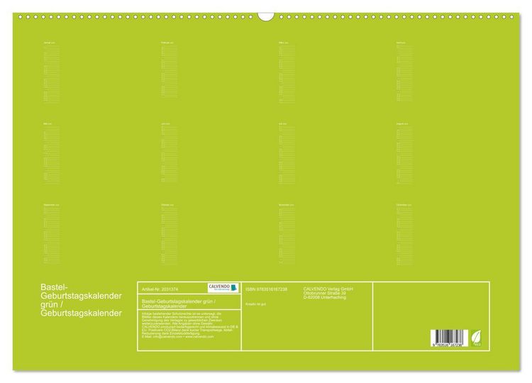 Produktbild: Bastel-Geburtstagskalender gr&uuml;n / Geburtstagskalender (Wandkalender 2026 DIN A2 quer), CALVENDO Monatskalender