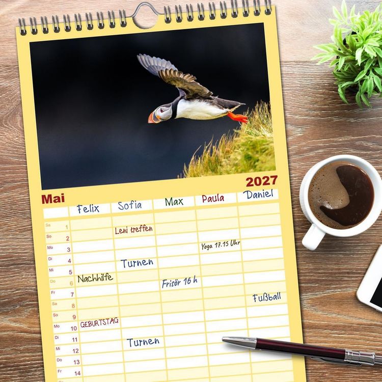 Produktbild: Familienplaner 2027 - Puffins - Papageientaucher auf Island mit 5 Spalten (Wandkalender, 21 x 45 cm) CALVENDO