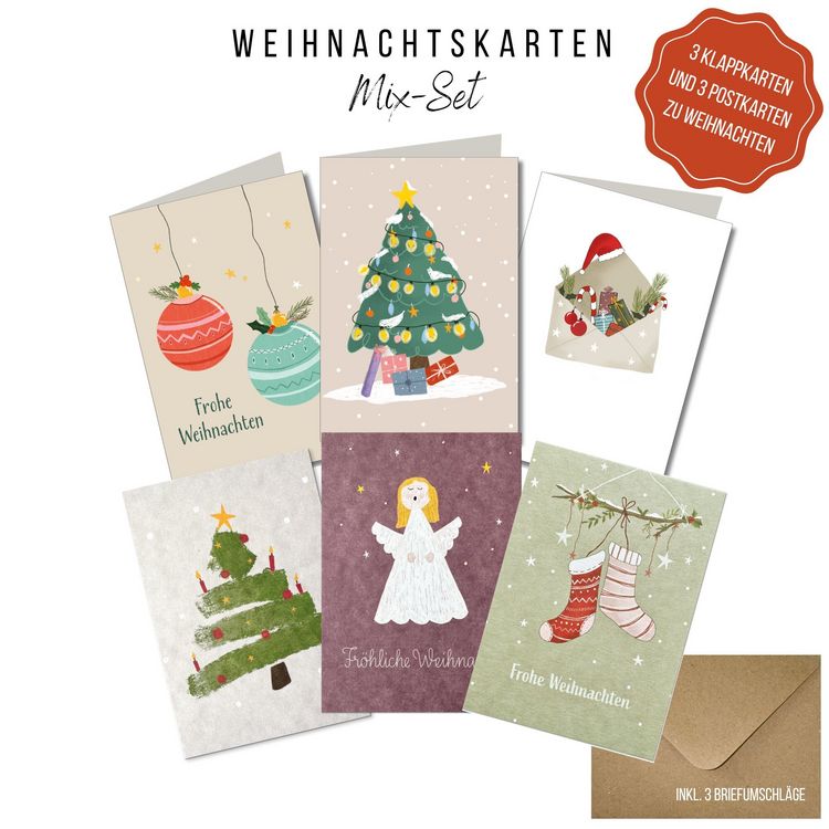 Produktbild: KEITCARDS Weihnachtskarten mixed Set, 3 x Postkarten und 3 x Klappkarten