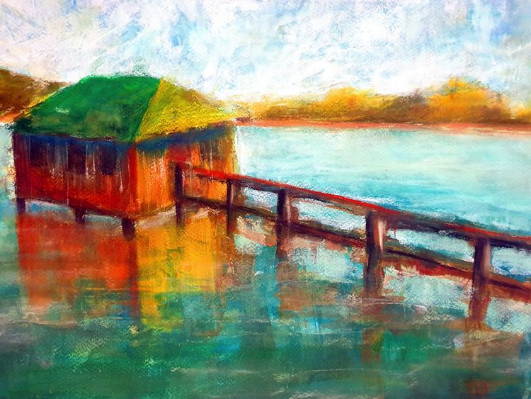Produktbild: CALVENDO Puzzle Bootsh&uuml;tte am Kochelsee (Gouache und Pastellkreide) 1000 Teile Lege-Gr&ouml;&szlig;e 64 x 48 cm Foto-Puzzle Bild von Michaela Schimmack
