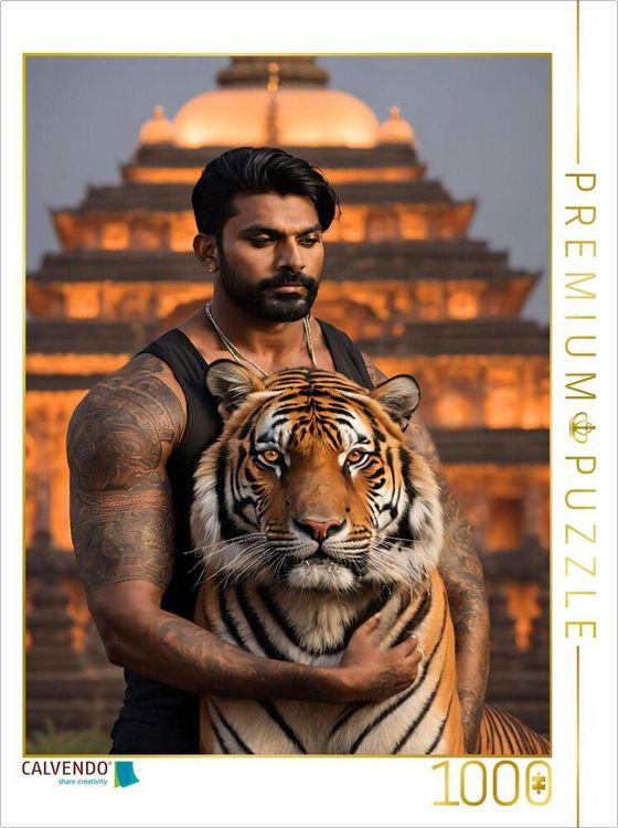 Produktbild: CALVENDO Puzzle Inder mit beeindruckendem Tiger vor beleuchtetem Tempel | 1000 Teile Lege-Gr&ouml;&szlig;e 64x48cm Foto-Puzzle f&uuml;r gl&uuml;ckliche Stunden