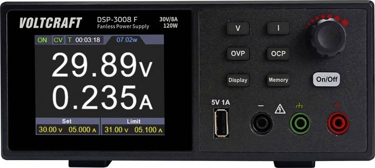 Produktbild: VOLTCRAFT DSP-3008 F Labornetzger&auml;t passiv gek&uuml;hlt 0 - 30 V 0 - 8 A 120 W l&uuml;fterlos USB Anzahl Ausg&auml;nge 1 x