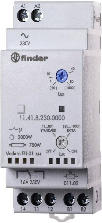 Produktbild: Finder D&auml;mmerungsschalter 1 St. 11.41.8.230.0000 Betriebsspannung:230 V/AC Empfindlichkeit Licht: 1, 30 - 80, 1000 lx, lx 1 Wechsler