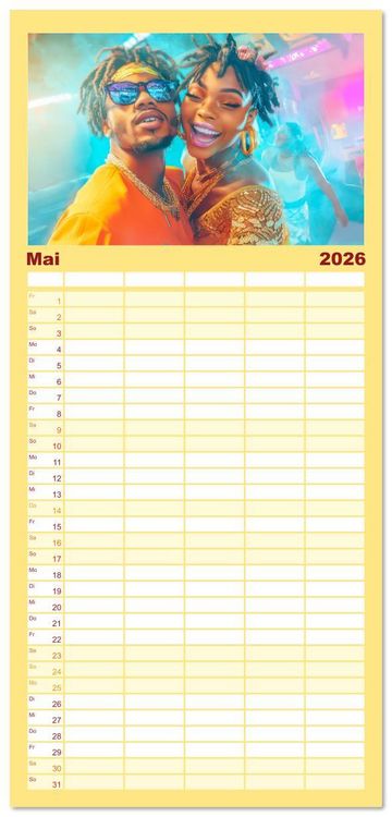 Produktbild: Familienplaner 2026 - Feiern und Musik - Beschwingt dabei mit 5 Spalten (Wandkalender, 21 x 45 cm) CALVENDO