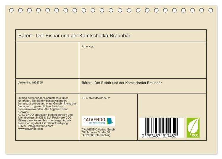Produktbild: B&auml;ren - Der Eisb&auml;r und der Kamtschatka-Braunb&auml;r (Tischkalender 2026 DIN A5 quer), CALVENDO Monatskalender