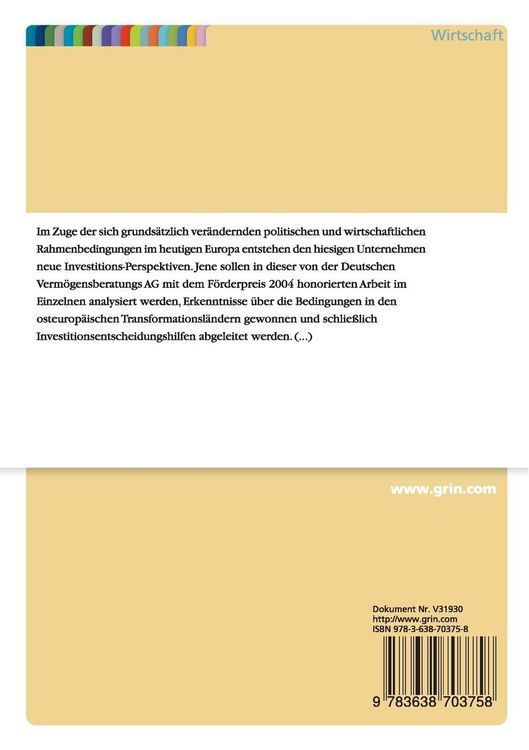 Produktbild: Analyse der besonderen Bedingungen und Merkmale von Direktinvestitionen in Transformationsl&auml;ndern Osteuropas