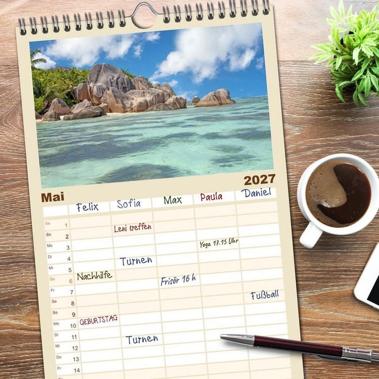 Produktbild: Familienplaner 2027 - Seychellen: La Digue und Mah&eacute; - zwei Trauminseln mit 5 Spalten (Wandkalender, 21 x 45 cm) CALVENDO