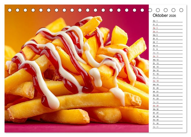 Produktbild: Pommes Rot-Wei&szlig; - Fastfood-Humor mit knusprigen Fritten, Ketchup und Mayo (Tischkalender 2026 DIN A5 quer), CALVENDO Monatskalender