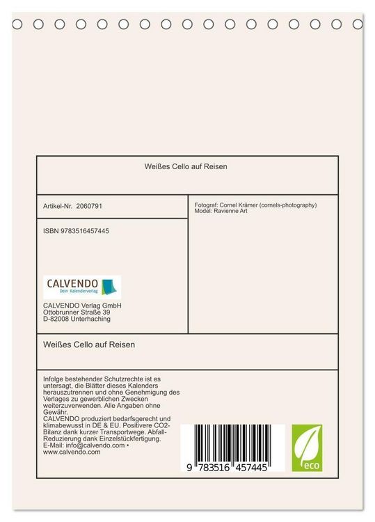 Produktbild: Wei&szlig;es Cello auf Reisen (Tischkalender 2026 DIN A5 hoch), CALVENDO Monatskalender