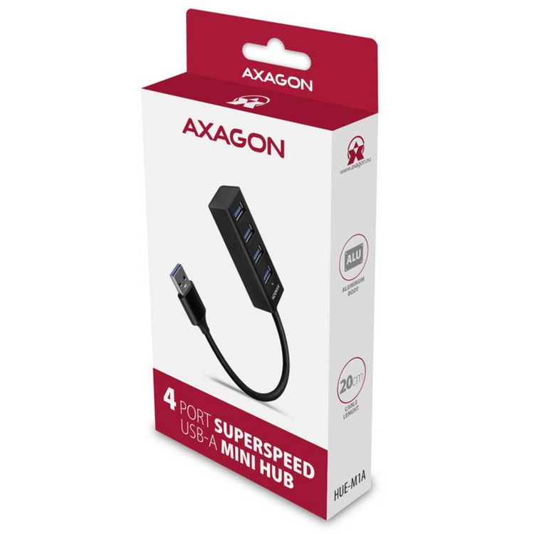 Produktbild: AXAGON HUE-M1A Superspeed USB-A Mini Hub 4x USB 3.0 - 20cm schwarz