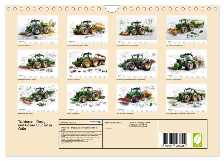Produktbild: Traktoren - Design und Power Studien in Gr&uuml;n (Wandkalender 2026 DIN A4 quer), CALVENDO Monatskalender