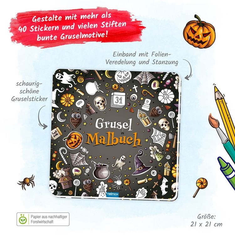 Produktbild: TR&Ouml;TSCH - Gruselmalbuch mit Stickern | Halloween Malbuch mit s&uuml;&szlig;en Gruselmotiven, Stickern und Bastelideen | Halloween Ausmalbilder f&uuml;r Buntstifte, Wasserfarben und Wachsmalstifte | Ab 5 Jahren