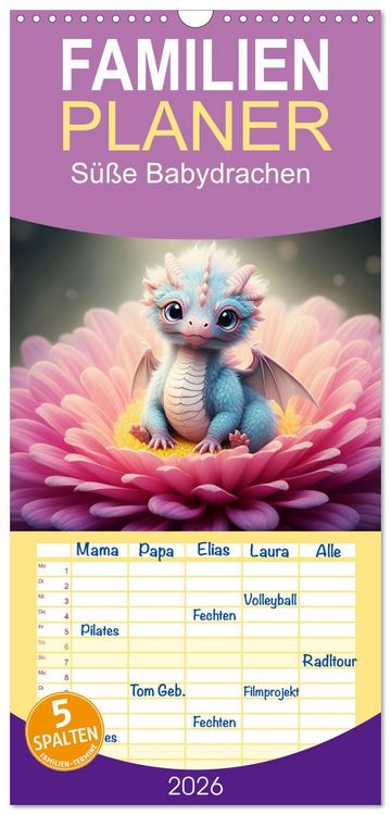 Produktbild: Familienplaner 2026 - S&uuml;&szlig;e Babydrachen mit 5 Spalten (Wandkalender, 21 x 45 cm) CALVENDO