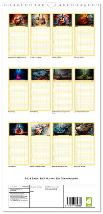 Produktbild: Familienplaner 2026 - Sechs Saiten, Zw&ouml;lf Monate - Der Gitarrenkalender mit 5 Spalten (Wandkalender, 21 x 45 cm) CALVENDO