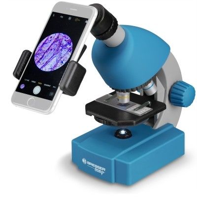 Produktbild: Bresser Junior 12869 - Kinder-Mikroskop (blau) mit 40-640x Vergr&ouml;&szlig;erung mit LED, Zoom-Okular, Smartphonehalter und Urzeitkrebse-Set