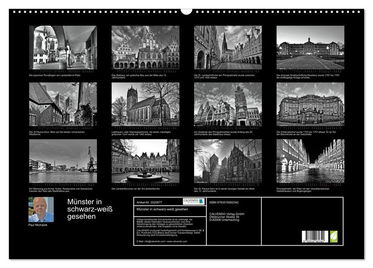 Produktbild: M&uuml;nster in schwarz-wei&szlig; gesehen (Wandkalender 2026 DIN A2 quer), CALVENDO Monatskalender