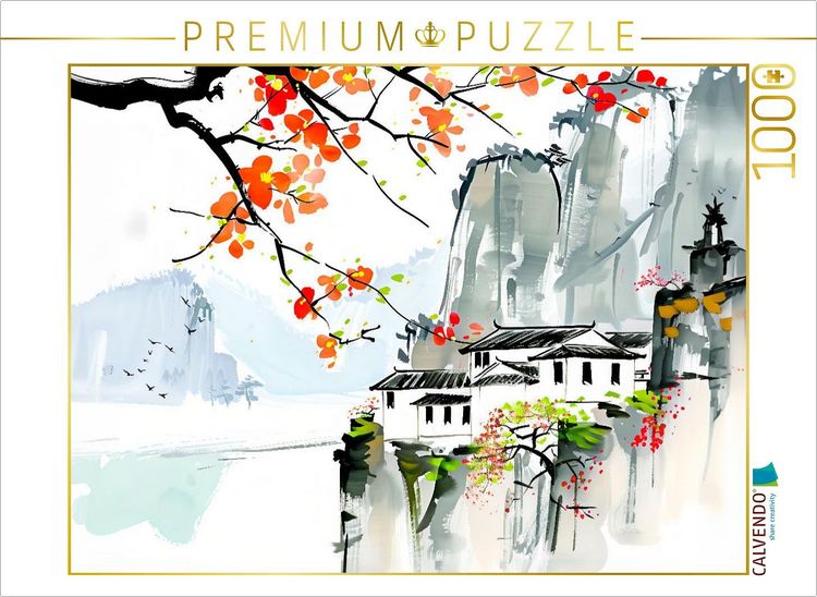 Produktbild: CALVENDO Puzzle Dorf in den Bergen Chinas. Tuschemalerei | 1000 Teile Lege-Gr&ouml;&szlig;e 64x48cm Foto-Puzzle f&uuml;r gl&uuml;ckliche Stunden