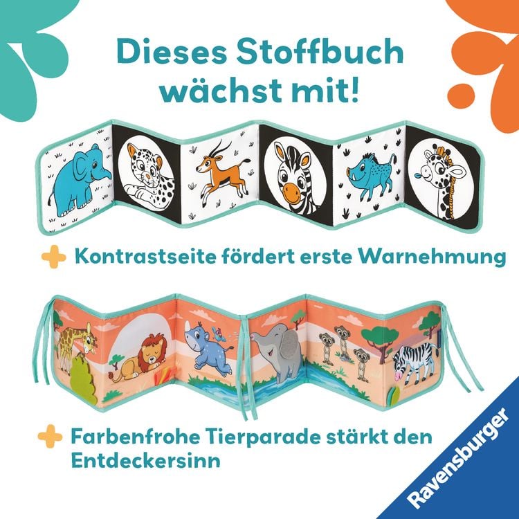 Produktbild: Ravensburger 4856 - play+ Mein allererstes Stoffbuch, für die Bauchlage: Wilde Tiere (Leporello)