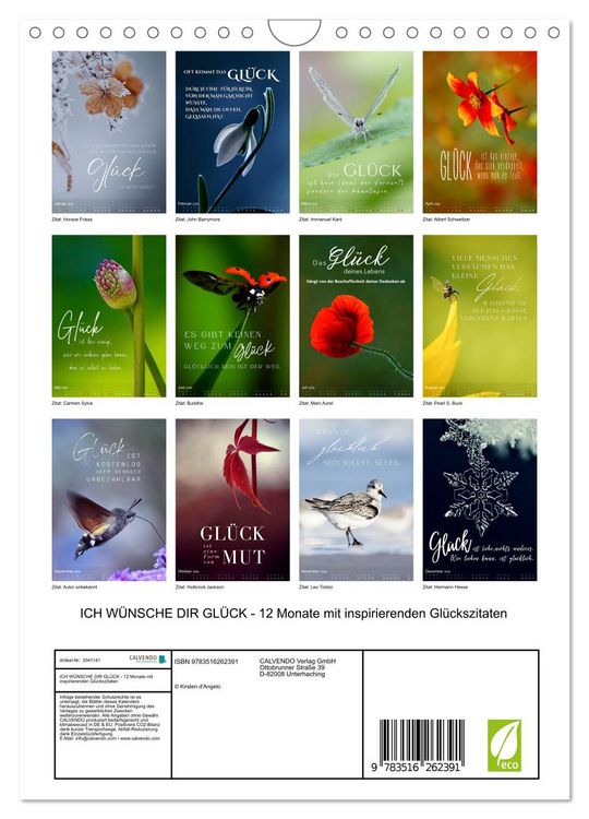 Produktbild: ICH W&Uuml;NSCHE DIR GL&Uuml;CK - 12 Monate mit inspirierenden Gl&uuml;ckszitaten (Wandkalender 2026 DIN A4 hoch), CALVENDO Monatskalender
