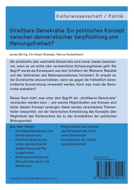 Produktbild: Streitbare Demokratie. Ein politisches Konzept zwischen demokratischer Verpflichtung und Meinungsfreiheit?