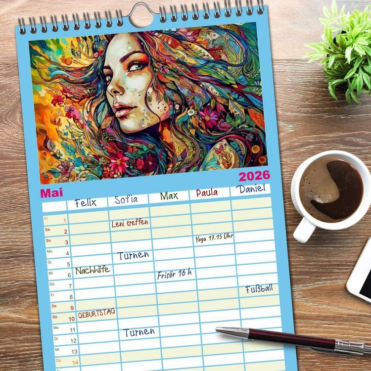 Produktbild: Familienplaner 2026 - Farbenfroh Weiblich mit 5 Spalten (Wandkalender, 21 x 45 cm) CALVENDO