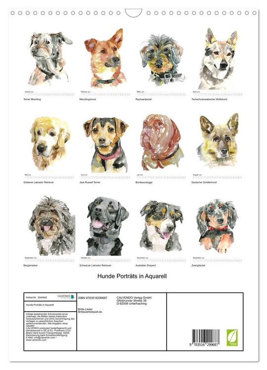 Produktbild: Hunde Portr&auml;ts in Aquarell (Wandkalender 2026 DIN A3 hoch), CALVENDO Monatskalender