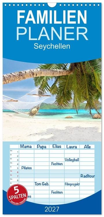 Produktbild: Familienplaner 2027 - Seychellen mit 5 Spalten (Wandkalender, 21 x 45 cm) CALVENDO