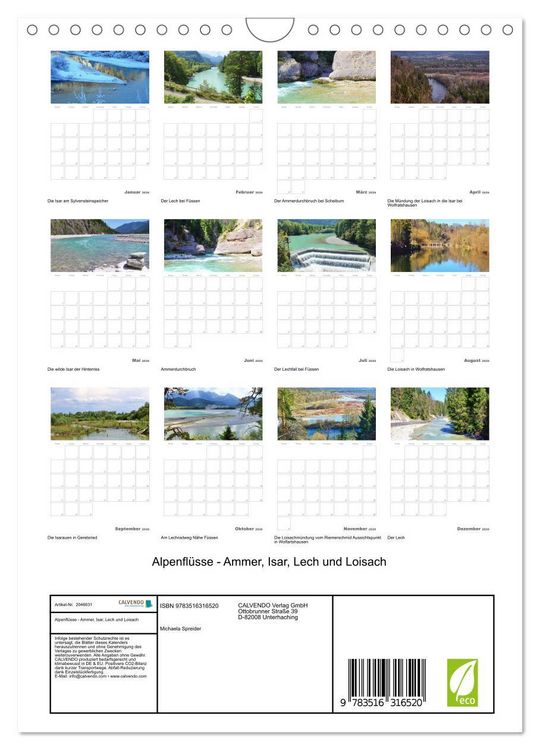 Produktbild: Alpenfl&uuml;sse - Ammer, Isar, Lech und Loisach (Wandkalender 2026 DIN A4 hoch), CALVENDO Monatskalender