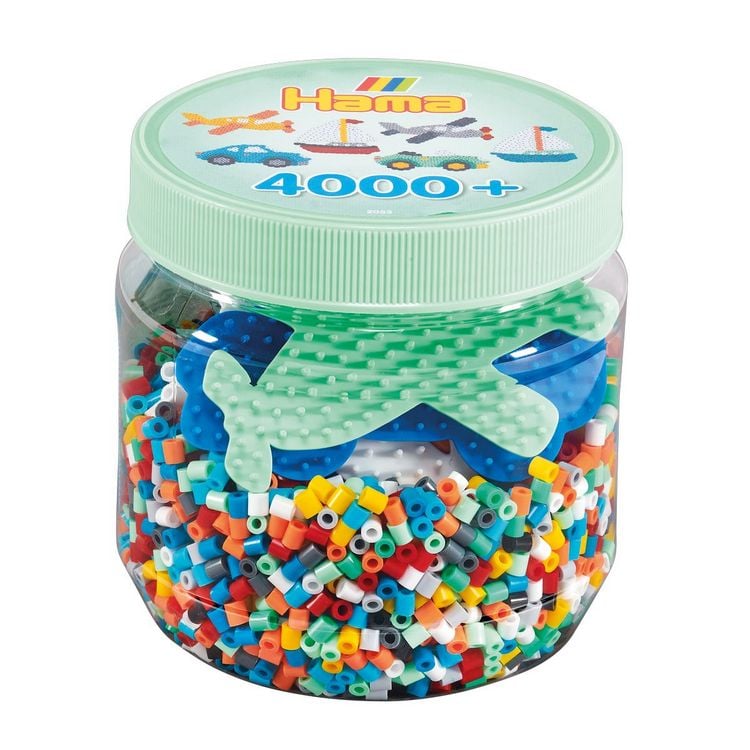 Produktbild: Hama 2053 - Dose mit 4000 Midi-B&uuml;gelperlen & Stiftplatten (Auto/Segelboot/Flugzeug)