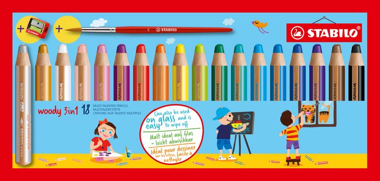 Produktbild: STABILO Buntstift, Wasserfarbe & Wachsmalkreide - woody 3 in 1 - 18er Pack mit Spitzer und Pinsel - mit 18 verschiedenen Farben