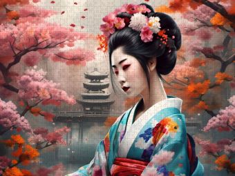 Produktbild: CALVENDO Puzzle Geisha im Fr&uuml;hling mit Tempel im Hintergrund | 2000 Teile Lege-Gr&ouml;&szlig;e 90x67cm Foto-Puzzle f&uuml;r gl&uuml;ckliche Stunden