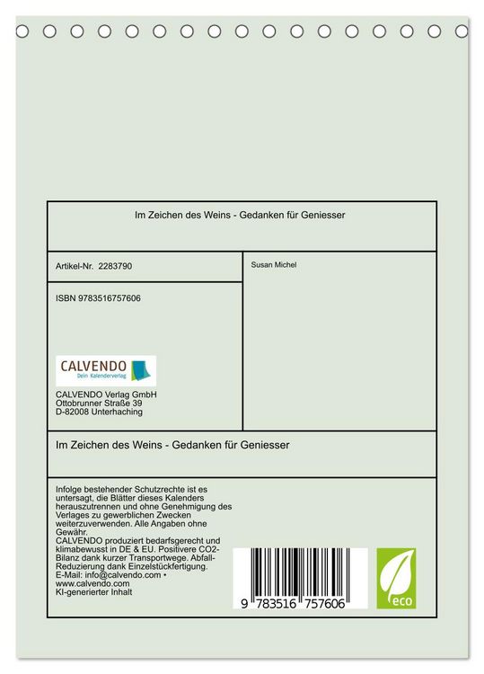 Produktbild: Im Zeichen des Weins - Gedanken f&uuml;r Geniesser (Tischkalender 2027 DIN A5 hoch), CALVENDO Monatskalender
