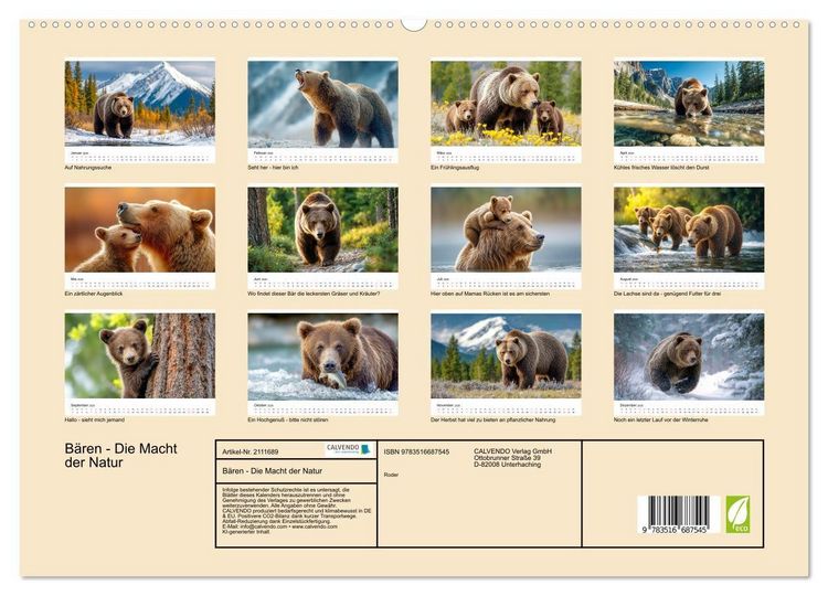 Produktbild: B&auml;ren - Die Macht der Natur (hochwertiger Premium Wandkalender 2026 DIN A2 quer), Kunstdruck in Hochglanz