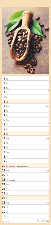 Produktbild: Küchenplaner Kaffee 2026 - Streifen-Kalender 11,3x49x5 cm - Kaffeekalender - mit leckeren Rezepten - Wandplaner - Küchenkalender - Alpha Edition