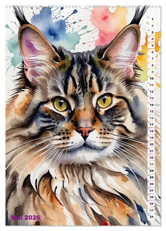 Produktbild: KATZENKALENDER - Aquarell Katzenportraits f&uuml;r Katzenliebhaber (Wandkalender 2026 DIN A2 hoch), CALVENDO Monatskalender